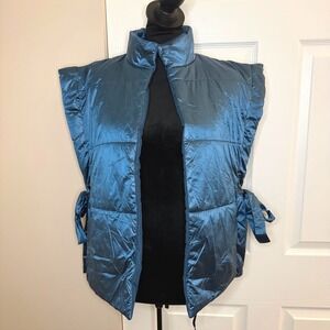 Anthropologie Pilcro Packable Puffer Vest Teal Blue Metallic Side Ties OS